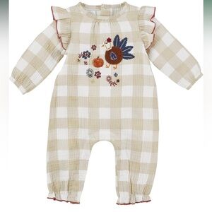 Mud Pie Thanksgiving turkey fall romper jumpsuit 6-9m NWT applique gingham